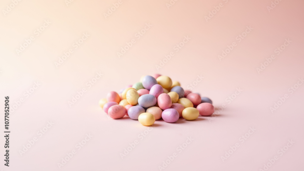 Obraz premium Colorful, dye-free hard candies with a matte finish on a soft pink background.