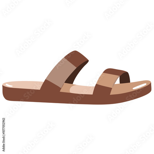 Modern summer slide sandals for women. Open footwear with wide strap. Fashion stylish casual beach shoes, backless design, flat sole. Trendy foot wear. Vector illustration isolated on white background