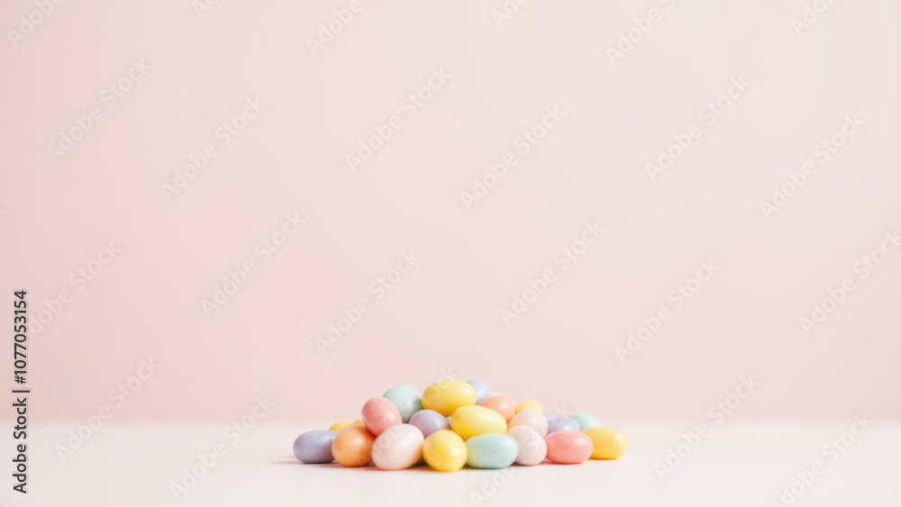 Obraz premium A small collection of multi-colored dye-free candies on a light pink background.
