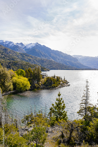 Natural landscape of Epuyen Lake in Chubut, Argentina with with majestic mountains, pristine blue lake, and lush forests. With sky as copy space photo