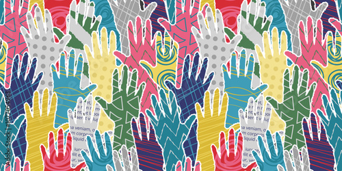 Hands crowd pattern. Diverse hand silhouettes collage, volunteers community helping hands scrapbooking paper cutouts with newspaper, polka dots and scribbles patterns seamless vector background.