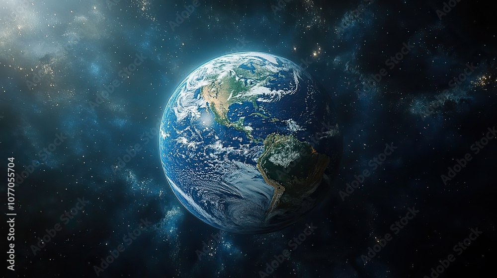 Obraz premium A photorealistic image of the Earth in space shows global connectivity, illustrating the importance of international cooperation in fighting climate change
