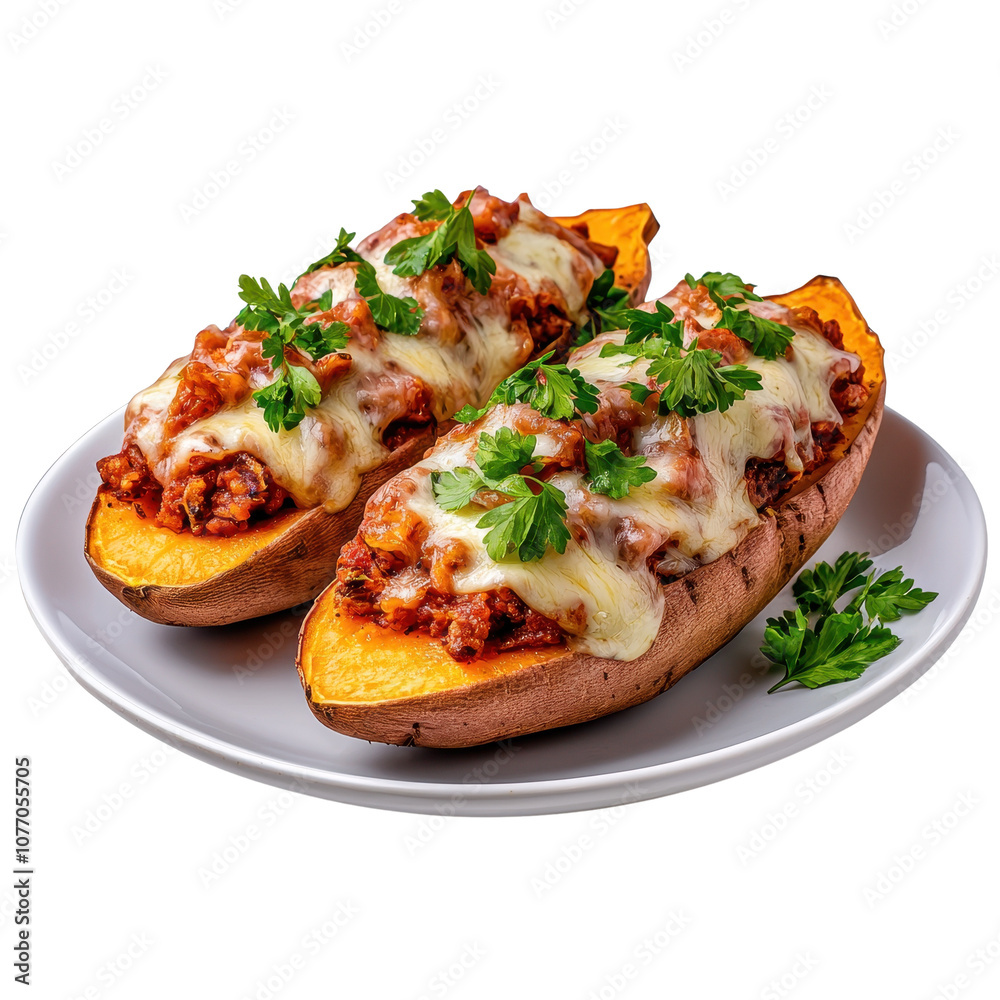 Delicious stuffed sweet potatoes topped with melted cheese and fresh herbs on a white plate. Delicious stuffed sweet potatoes topped with melted cheese and fresh herbs on a white plate.