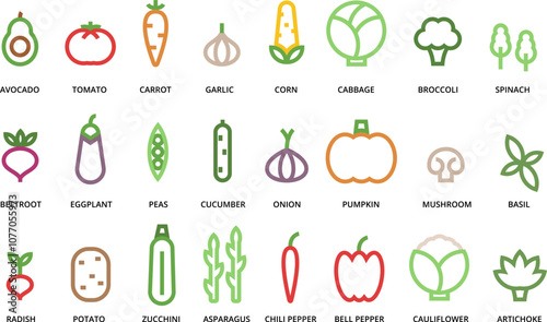 Minimalist line vegetable icons. Greengrocery healthy food and organic farm market products. Simple geometric vegetables and linear edible plants symbols vector set.