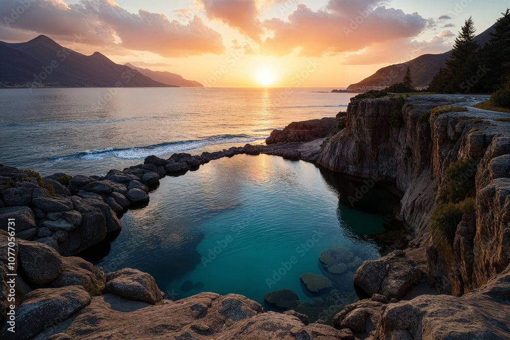 Obraz premium A serene cliffside view of a natural pool at sunset, with mountains in the background and calm ocean waters.