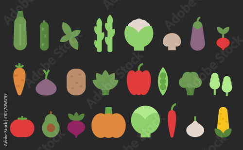 Minimalistic vegetable flat icons. Farm market fresh food, organic vegetables and greengrocery products, healthy food flat symbols for culinary and dietary themes. Vector set.