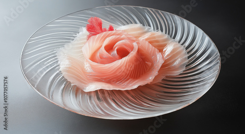 Delicadas fatias de sashimi de salmão fresco são meticulosamente dispostas em um prato, destacando a arte culinária e o fascínio da culinária japonesa. photo