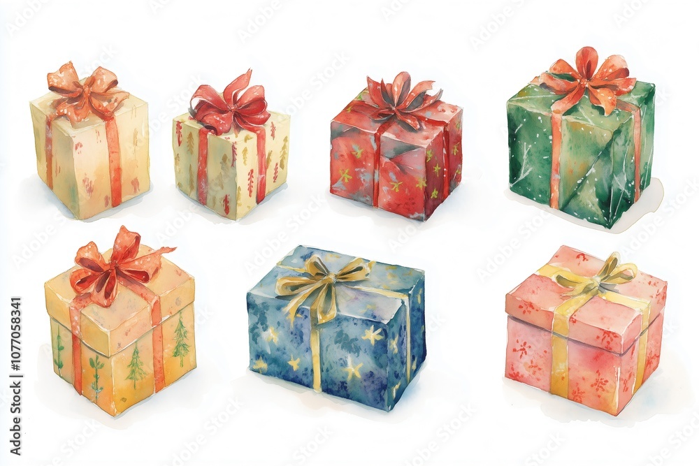 Obraz premium Watercolor illustration of seven Christmas gift boxes with festive patterns and colorful bows in red, green, yellow, and blue on a white background