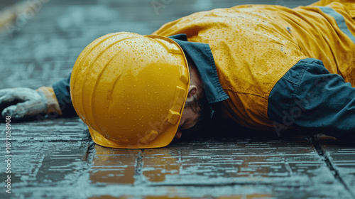 construction worker in yellow hard hat lies on wet surface, showing dangers of workplace accidents. Safety is crucial in construction environments photo