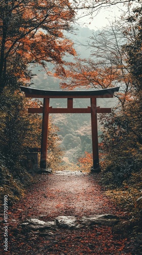 Serene Minimalist Torii Gate in Autumn Landscape