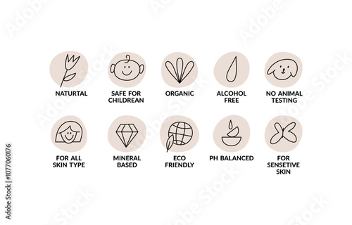 Vector set linear icons, logos or labels for natural and organic products. Outline symbols for food and cosmetics