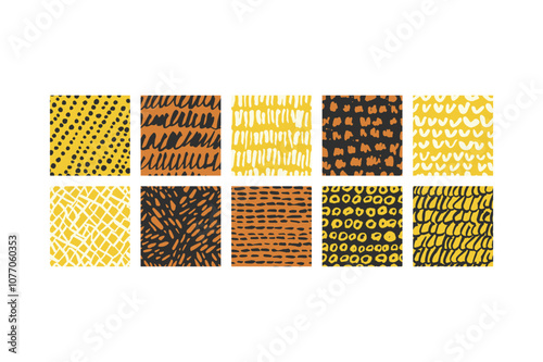 Vector set of templates seamless patterns with contemporary ink lines and dots. Design for honey packaging. Minimal modern backgrounds.