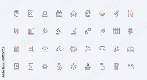 Legal system and justice, judge and jury judgement in court, prison and arrest of criminal line icon set. Law authority, police, documents thin black and red outline symbols vector illustration