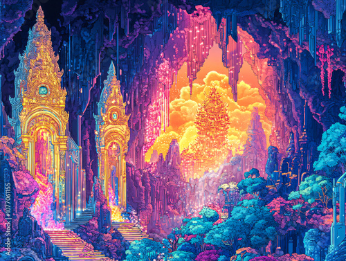 a digital painting depicting a fantastical scene.  The artwork showcases a vibrant, colorful landscape dominated by two ornate golden gateways leading into a glowing cave.  Beyond the cave entrance li photo