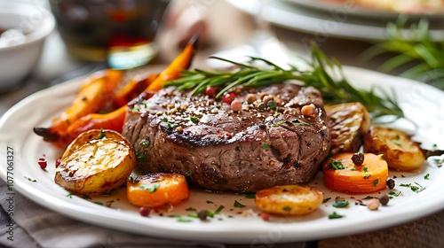 A beautifully plated gourmet steak with roasted vegetables on a white ceramic plate.