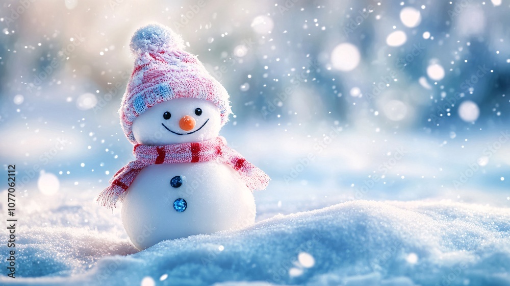 Fototapeta premium Snowman wearing pink winter clothes enjoying snowfall in winter wonderland