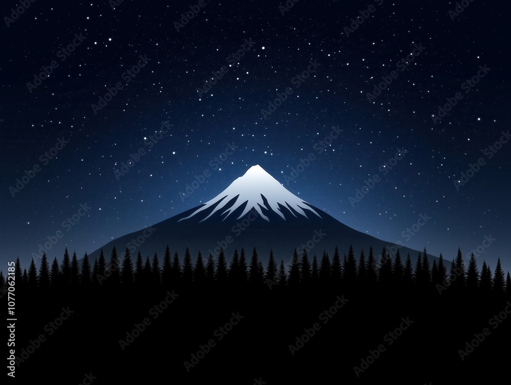Fototapeta premium A serene, star-filled night sky above snow-capped mountains, framed by a dark forest in the foreground.