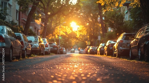 A picturesque city street at sunrise with sunlight filtering through trees and long shadows cast by parked cars, capturing the serene beauty of an urban morning