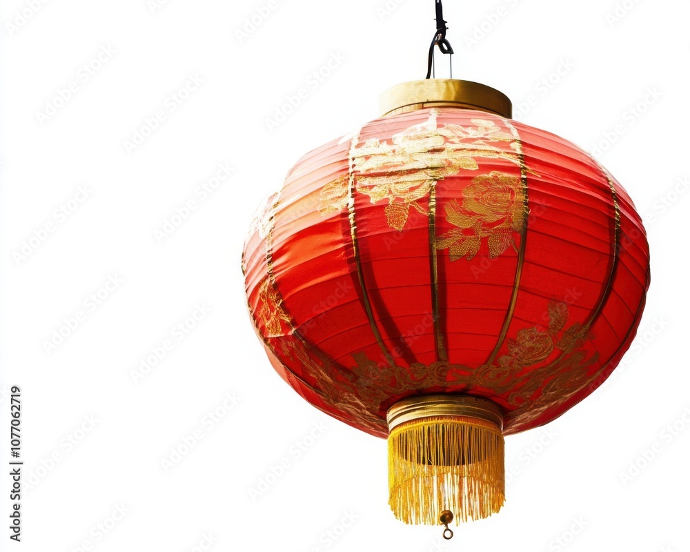 Obraz premium Red decorative lantern with gold accents, isolated on white background