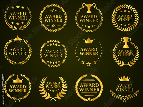 Golden award winner emblems. Gold award badges with laurel wreaths, five stars, crowns and trophies symbols. Elegant circular achievement tag vector set.