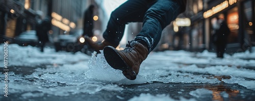Man slipping on icy sidewalk in winter city