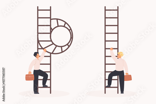 Business leadership challenge in easy and difficult way, career ladder strategy. Tiny people with briefcases of businessman choose path to goal with obstacles and easy cartoon vector illustration