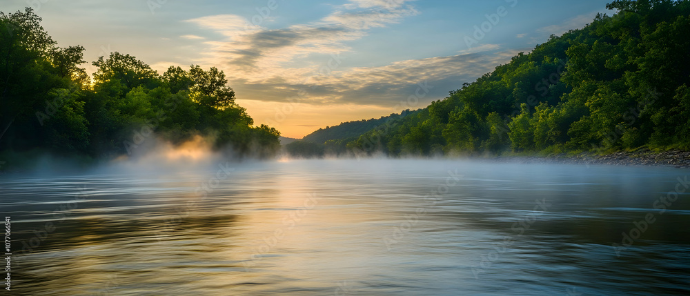 Fototapeta premium Foggy river with trees on both sides at sunrise.