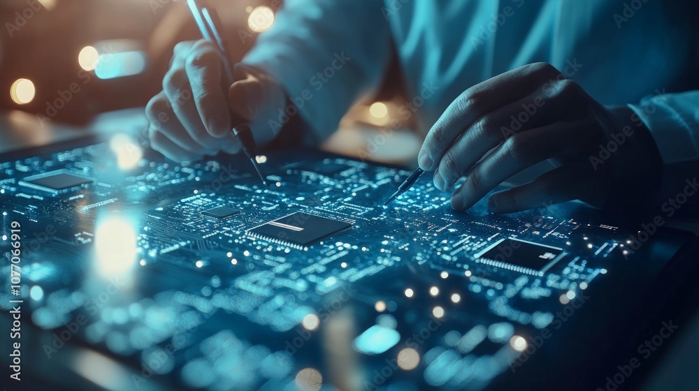 Naklejka premium Engineer analyzing circuit boards in a high-tech lab, emphasizing innovation, product development, and cutting-edge technology.