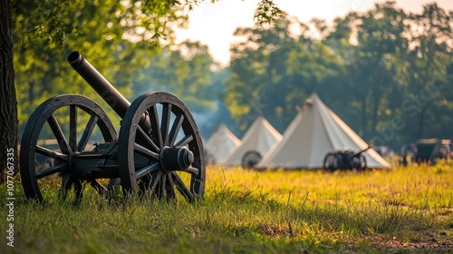 Historic Civil War Battlefield with Cannons and Tents
