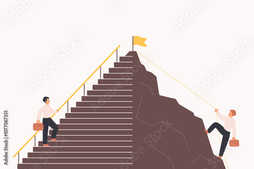 Career development, difficult and easy way of leadership challenge, strategy of winner. Tiny business people climb up to flag on mountain using rope and walk up stairs cartoon vector illustration