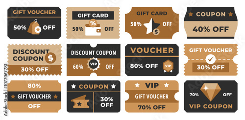 Gift cards templates. Discount coupon, gift voucher and VIP passes. Promotional card design layouts for sales, special offers and rewards programs vector set.