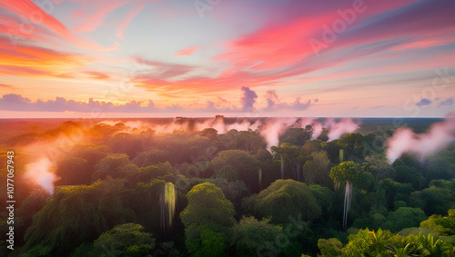 Vibrant bokeh effect photography of a breathtaking sunset casting a warm, golden glow over the lush, emerald-green canopies of the Amazon forest, with misty tendrils curling upward from the treetops,  photo