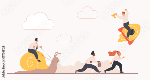 Business competition, goal achievement at different speeds. Tiny people compete in career race, businessman winner flying on rocket, employees running, riding on slow snail cartoon vector illustration