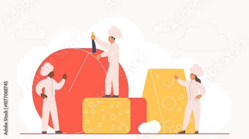 Cheese production, tasting of gourmet fat dairy product, delicatessen and gastronomy. Tiny people cut open head of cheese, cheesemakers in white uniform and chefs hat cartoon vector illustration