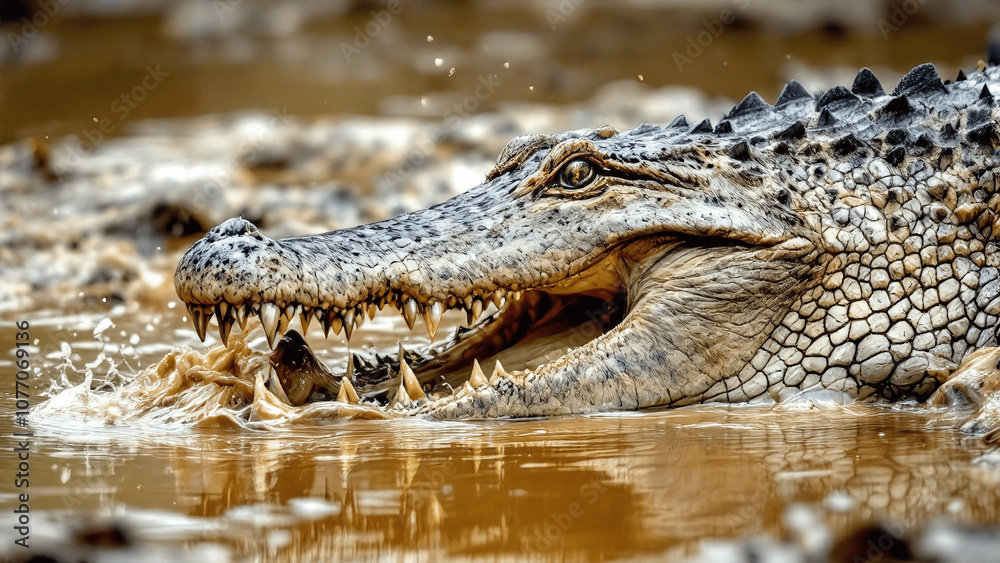 Obraz premium Crocodile with fierce expression emerging from muddy waters