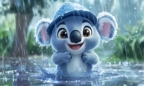 A cute cartoon koala wearing a blue rain hat stands in a puddle, smiling, with raindrops falling around it. photo