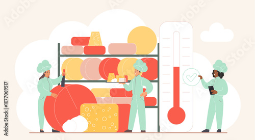 Cheese production and storage, food product presentation and tasting at cheese factory or shop. Tiny people holding thermometer to control temperature, board with delicacy cartoon vector illustration