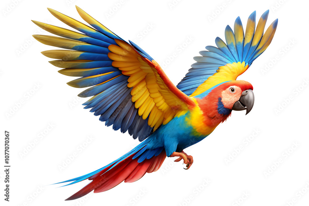 Fototapeta premium Scarlet Macaw in Flight with Vibrant Wings Spread Wide, Colorful macaw parrot, vibrant feathers isolated on white background