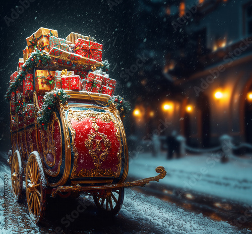 Santa Claus's sleigh loaded with presents and Christmas tree on the winter street. Happy New Year!