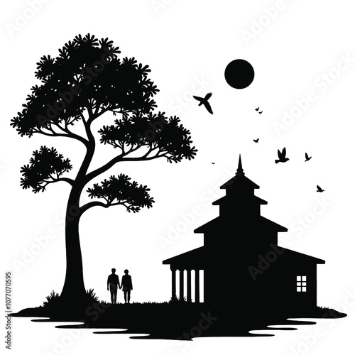 A silhouette of a classical building with layered rooftops, next to a tall tree with sprawling branches and leaves, with several birds flying nearby