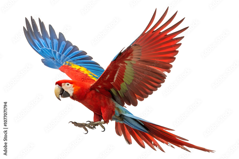 Obraz premium Scarlet Macaw in Flight with Vibrant Wings Spread Wide, Colorful macaw parrot, vibrant feathers isolated on white background