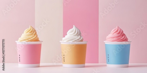 Colorful frozen yogurt cups on striped background