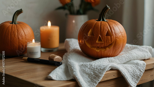 On the table, a pumpkin, a towel, and makeup photo