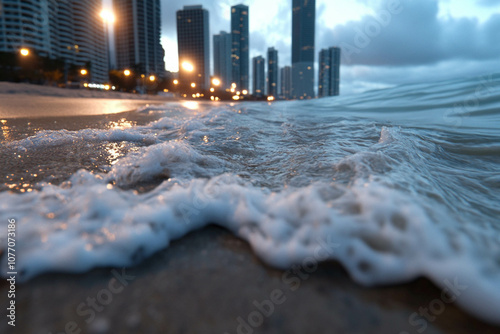 A close-up view of ocean waves lapping against a sandy shore, with city skyscrapers in the background illuminated by streetlights at dusk. 