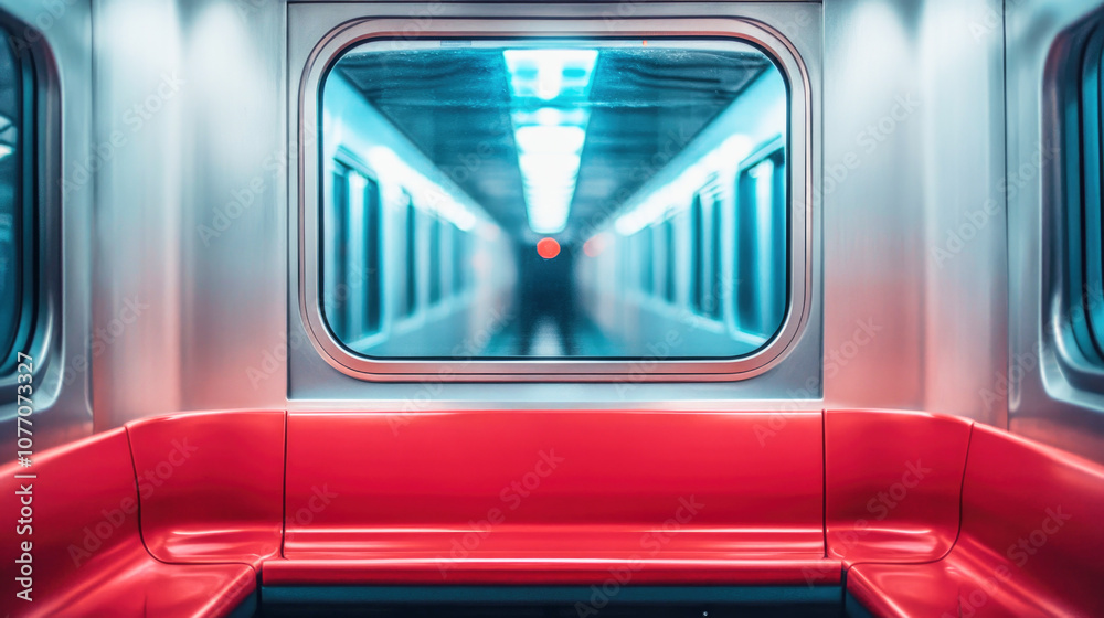 Fototapeta premium A blurred view through a subway car window reveals the mysterious tunnel beyond at dusk