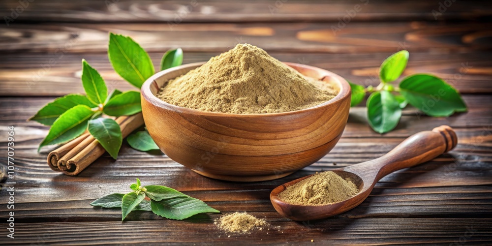 Wooden Bowl of Spice Powder with Cinnamon Sticks and Green Leaves, Indian Spices , Spice Blend Wooden Bowl of Spice Powder with Cinnamon Sticks and Green Leaves, Indian Spices , Spice Blend