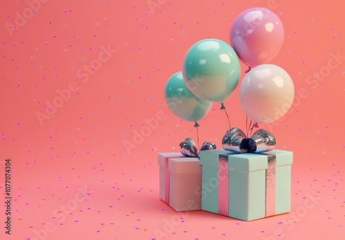 Pastel gifts with balloons over a peach background.