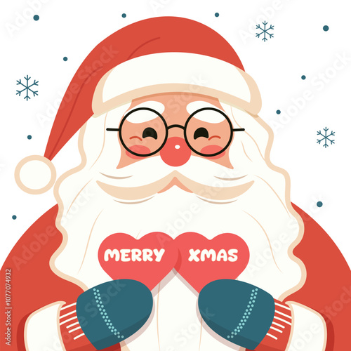 Kind and smiling Santa in glasses holds two hearts in his hands on white background. Happy Christmas holiday design for Poster, Banner, Flyer, Greeting Card. Vector illustration in flat cartoon style