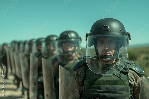Riot police with shields standing in formation – Representing law enforcement, crowd control, and public safety during civil unrest