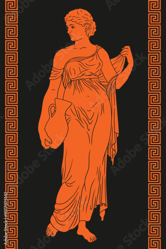 Ancient Greek woman standing and holding a jug of wine and water in her hand. Figure isolated on black background